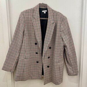 Women's Checked/Plaid Double-Breasted Boyfriend Blazer XXL Brown, Cream & Red